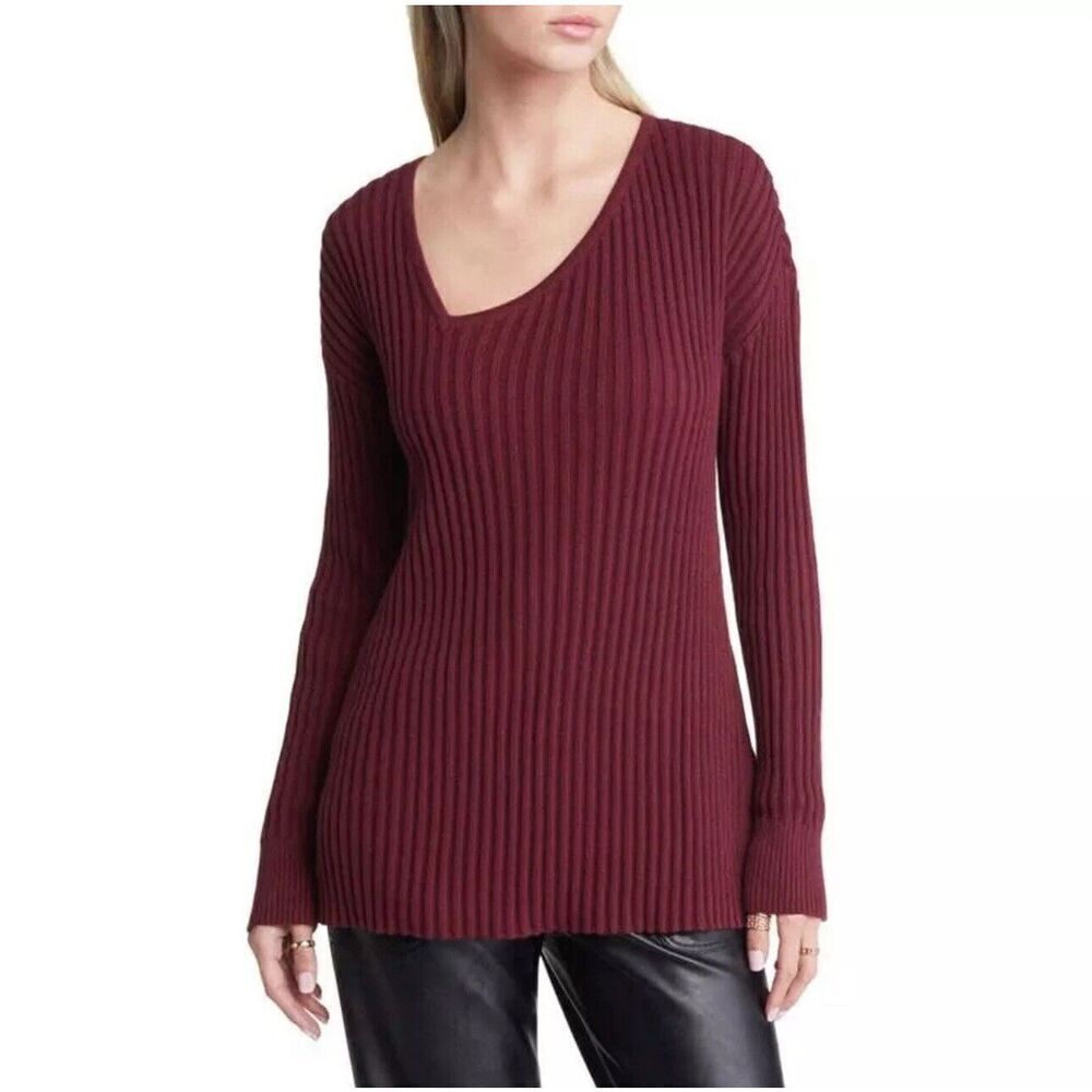 OPEN EDIT Asymmetric V-neck Tunic Sweater In Burgundy. Size XL. NWOT. 12
